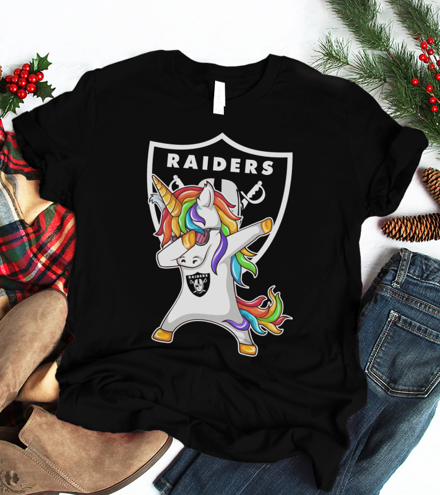 Las Vegas Raiders Unicorn Dabbing With Rainbow Mane In Shield T-Shirt