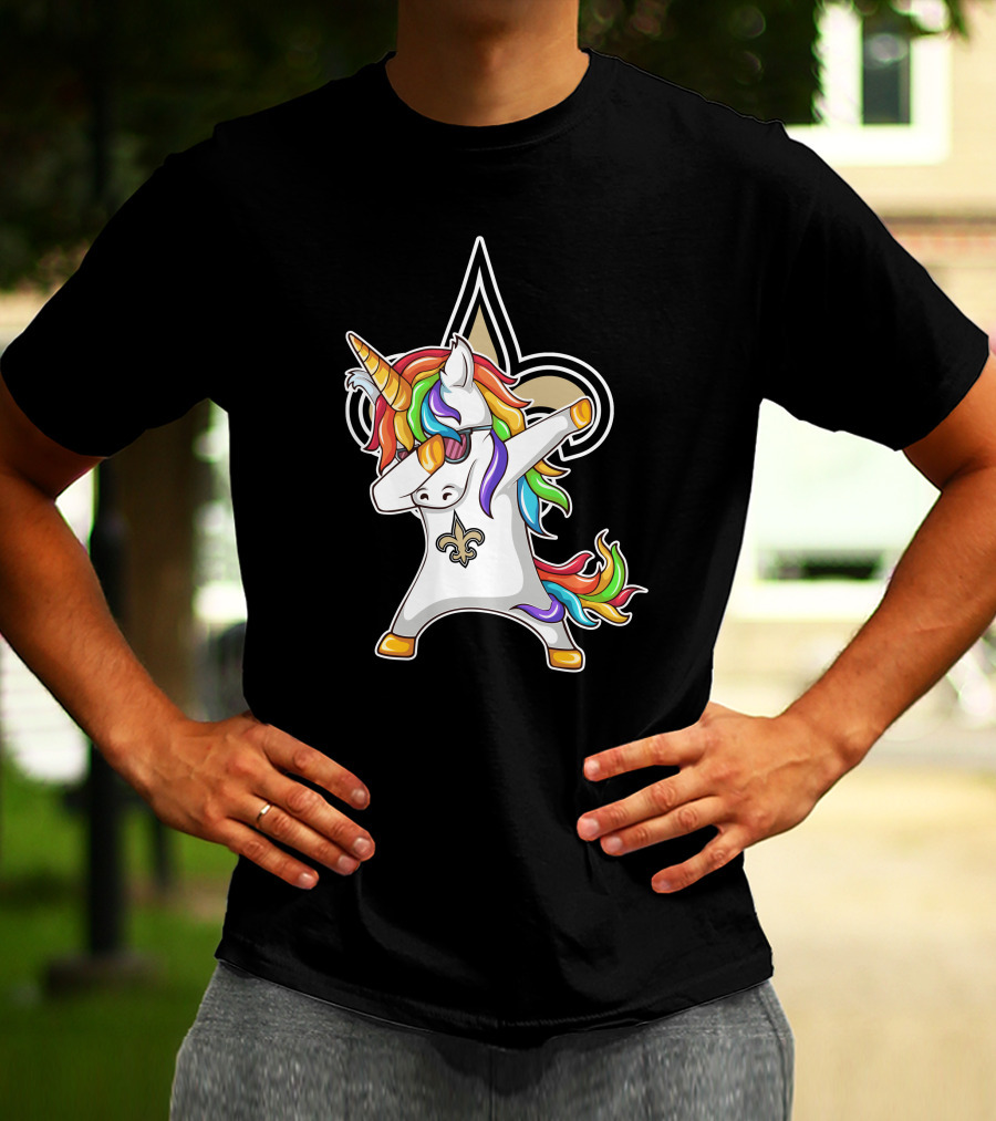 New Orleans Saints Unicorn Dabbing Fleur-de-Lis Rainbow Mane T-Shirt