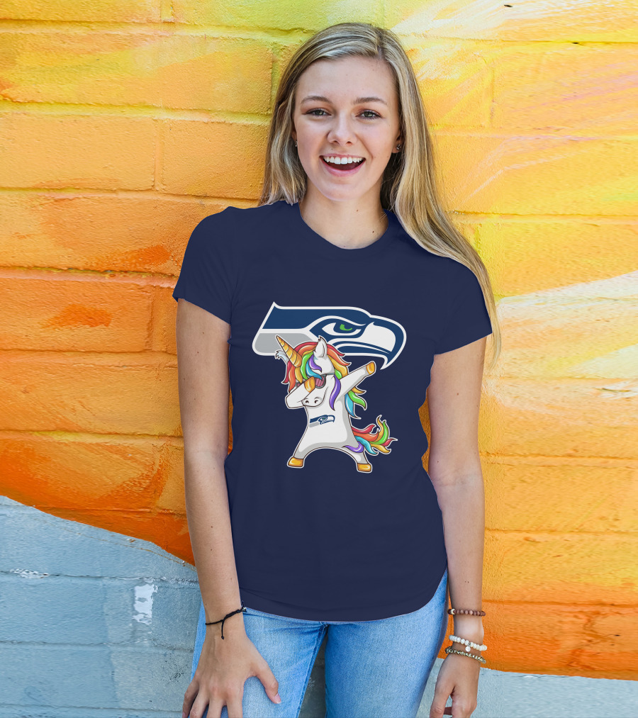 Seattle Seahawks Unicorn Dabbing Rainbow Hair T-Shirt
