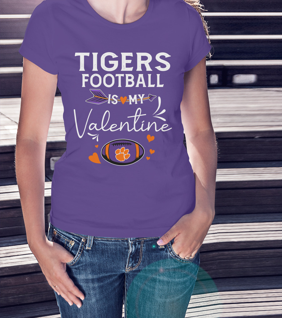 Tigers Football Is My Valentine With Paw Print And Hearts T-Shirt