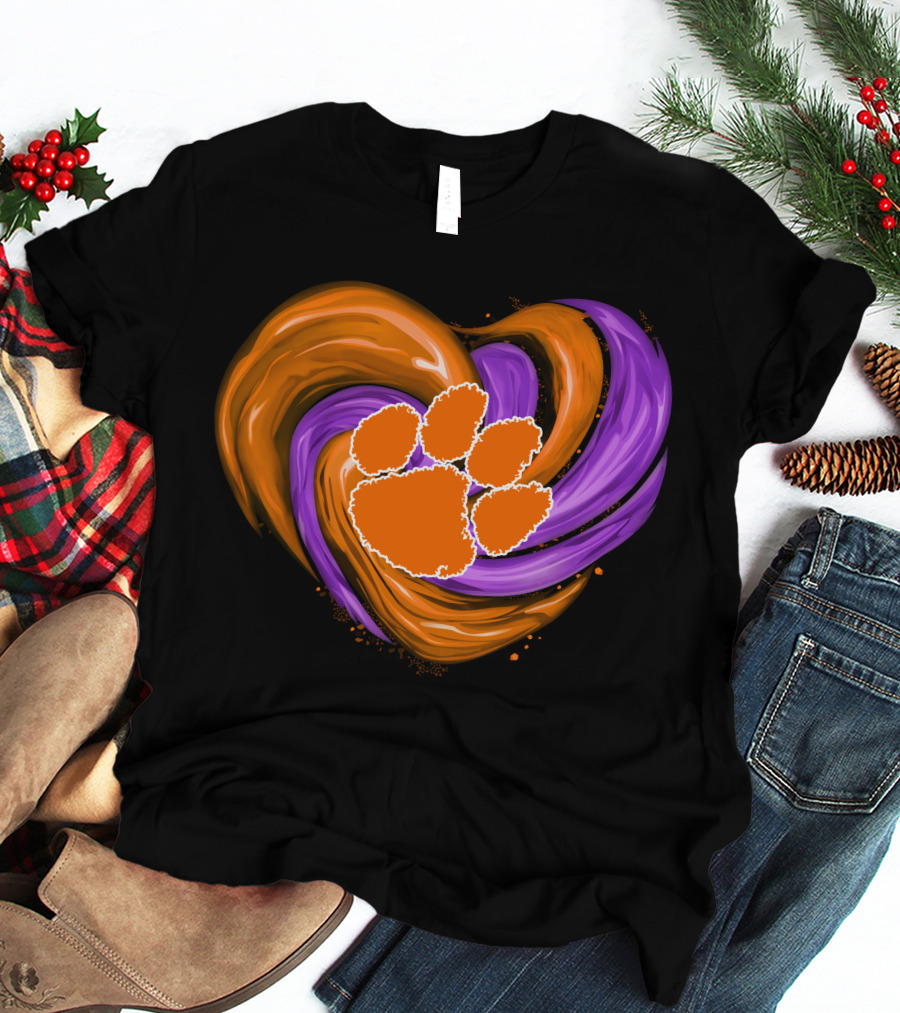 Clemson Tigers Paw Print Tornado Heart T-Shirt