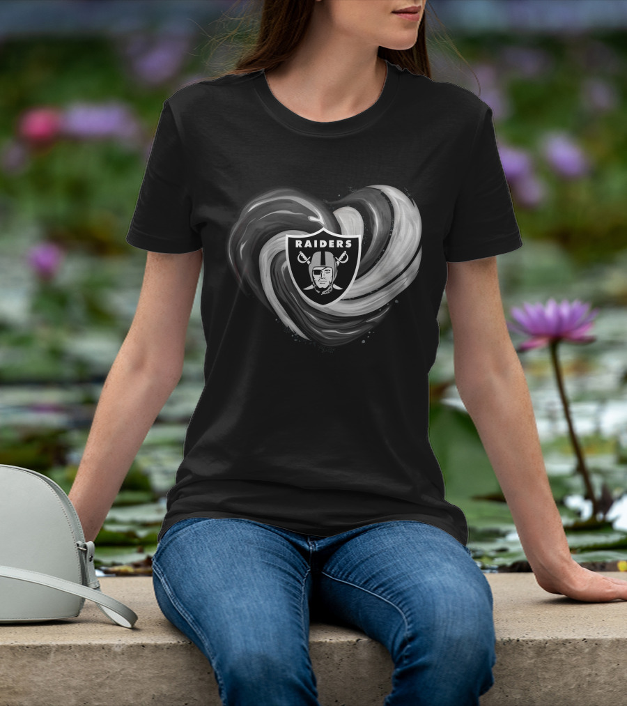 Las Vegas Raiders Heart Design With Logo In Black And White Swirl T-Shirt