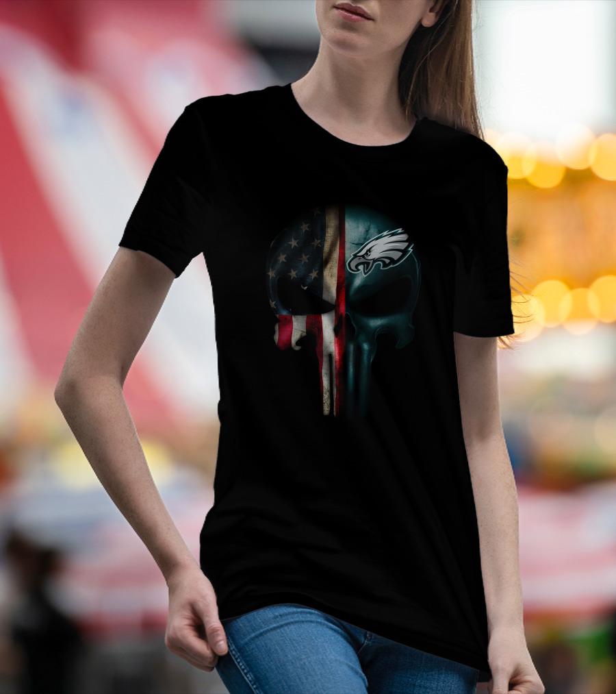 American Flag Punisher Skull With Philadelphia Eagles T-Shirt