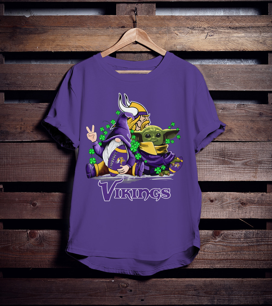 Leprechauns Gnomes Baby Yoda Hug Vikings Football Team T-Shirt