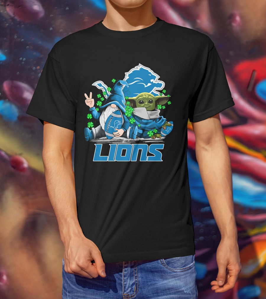 Leprechauns Gnomes Baby Yoda Lions Football Detroit Clover Hug T-Shirt