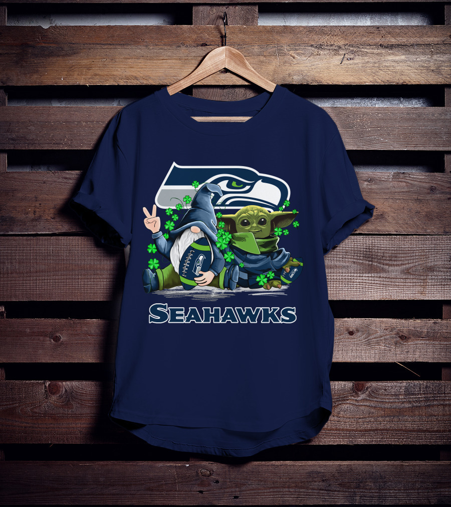 Leprechauns Gnomes Baby Yoda Seattle Seahawks Hug Football T-Shirt