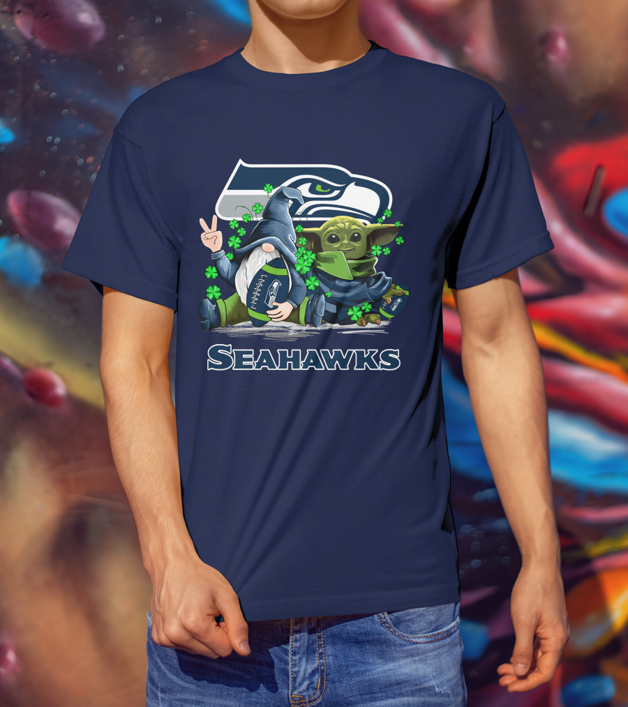 Leprechauns Gnomes Baby Yoda Seattle Seahawks Hug Football T-Shirt