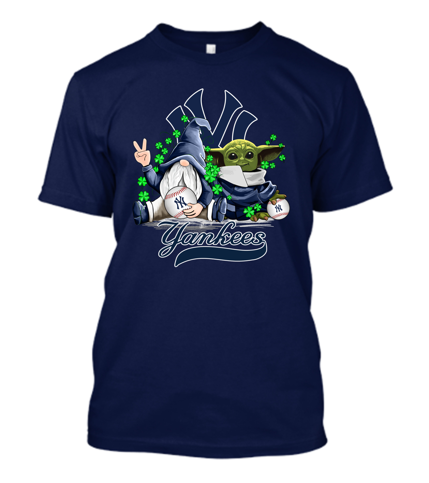 Yankees Gnome Baby Yoda Clover Baseball Hug T-Shirt