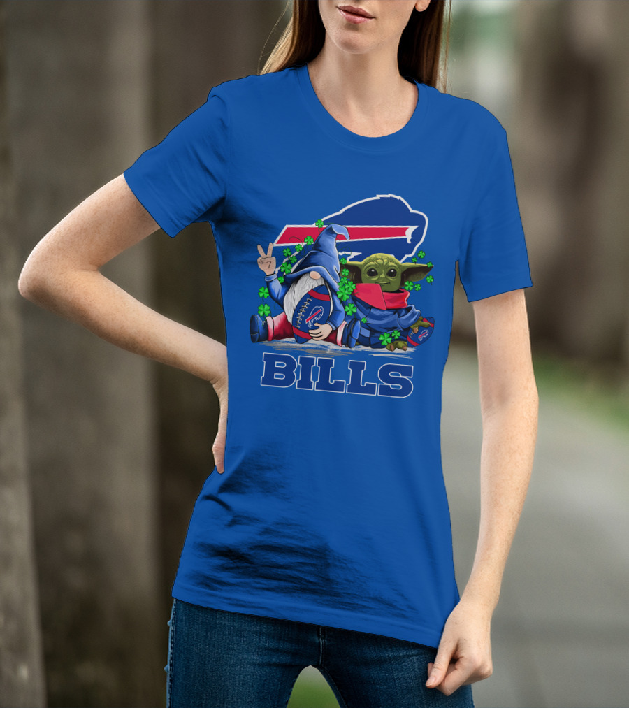 Leprechauns Gnomes Baby Yoda Hug Buffalo Bills Football Team Logo Shamrocks T-Shirt