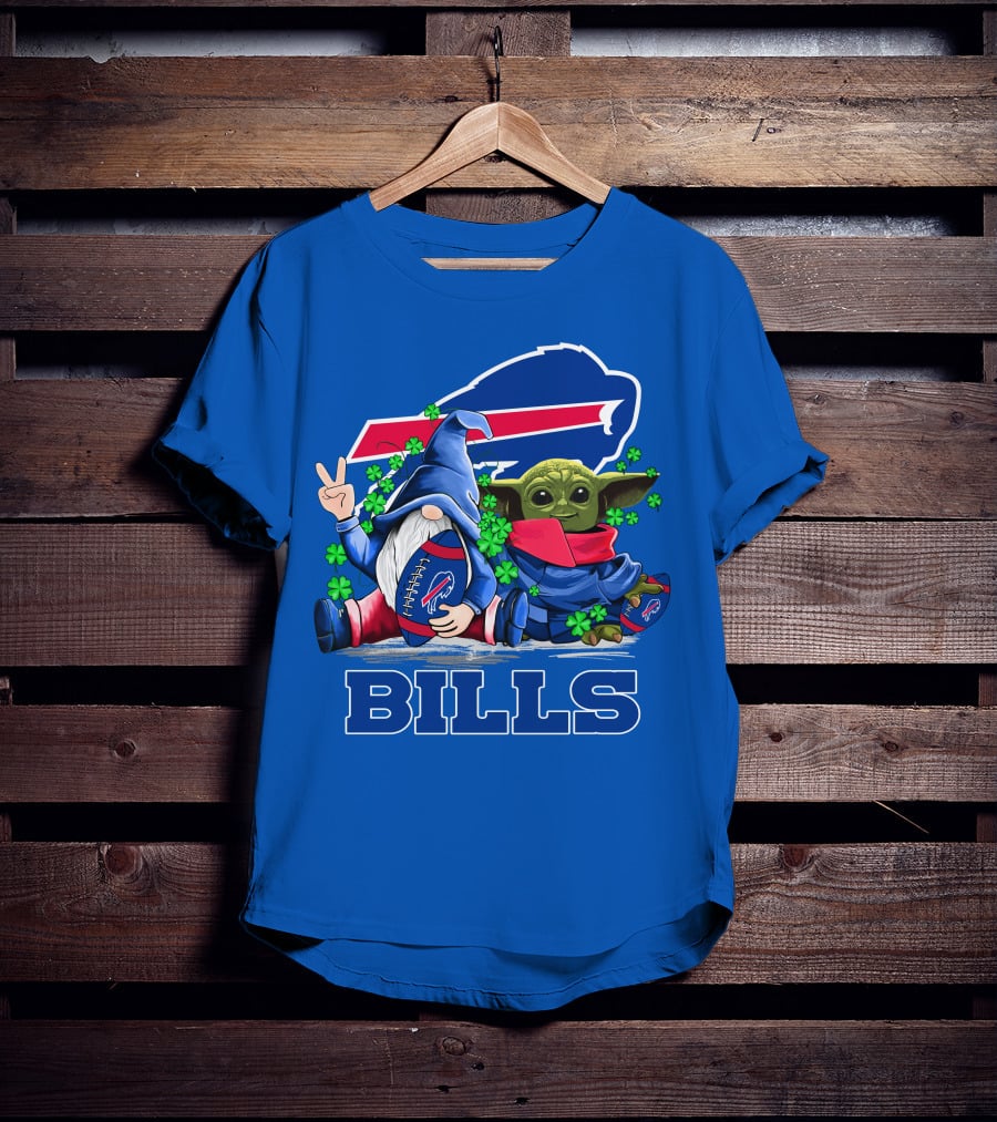 Leprechauns Gnomes Baby Yoda Hug Buffalo Bills Football Team Logo Shamrocks T-Shirt