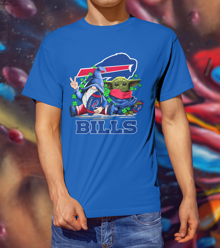 Leprechauns Gnomes Baby Yoda Hug Buffalo Bills Football Team Logo Shamrocks T-Shirt