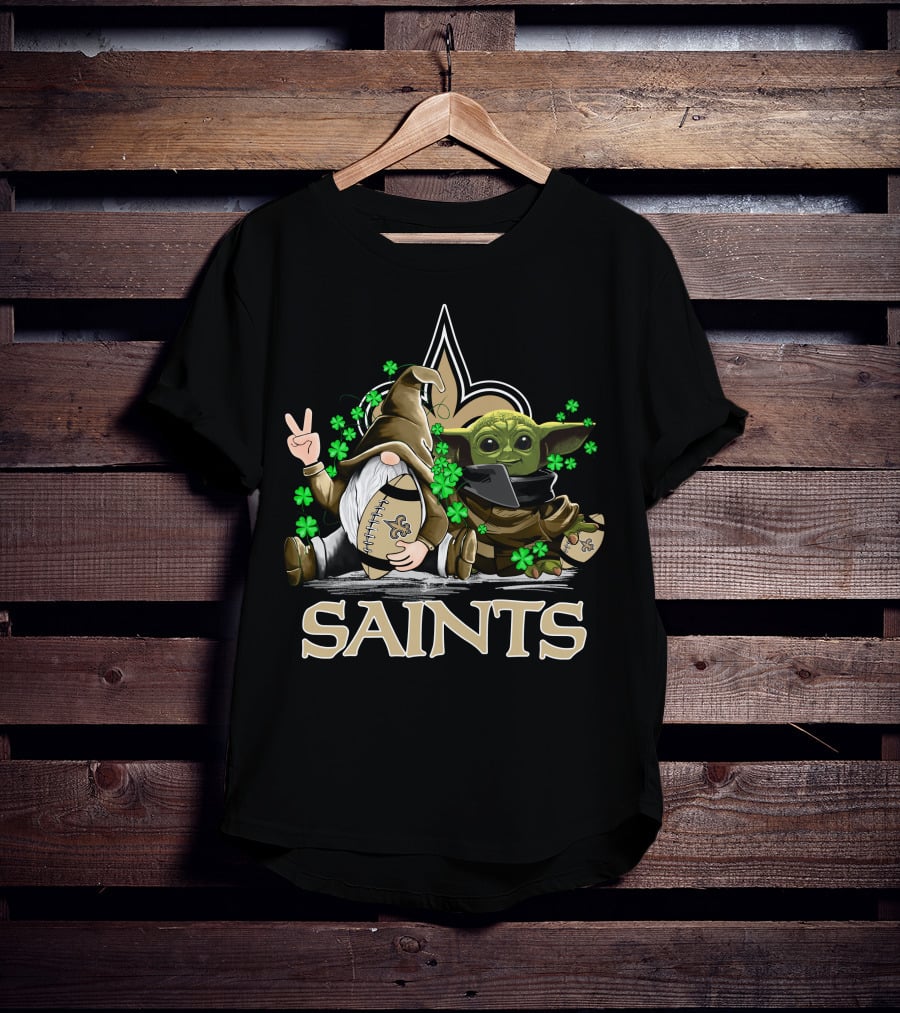 Leprechauns Gnomes Baby Yoda New Orleans Saints Football Shamrocks T-Shirt