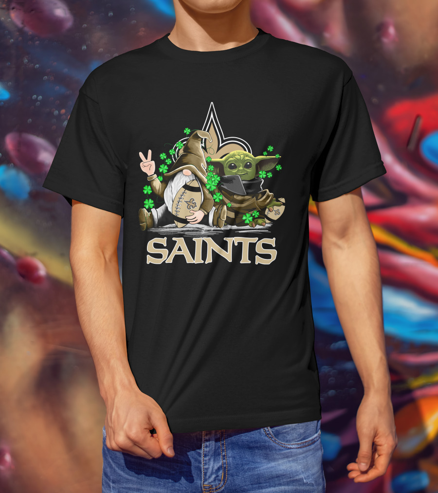 Leprechauns Gnomes Baby Yoda New Orleans Saints Football Shamrocks T-Shirt