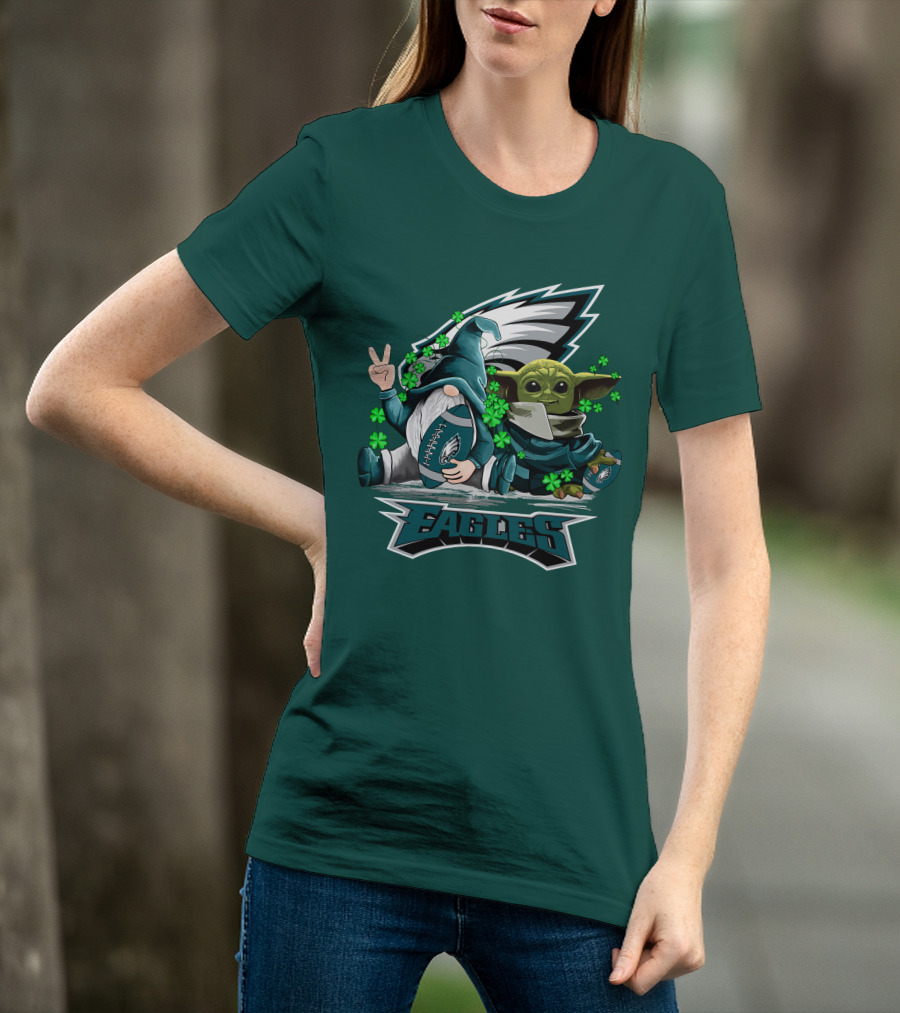 Philadelphia Eagles Leprechauns Gnomes Baby Yoda Hug Football T-Shirt