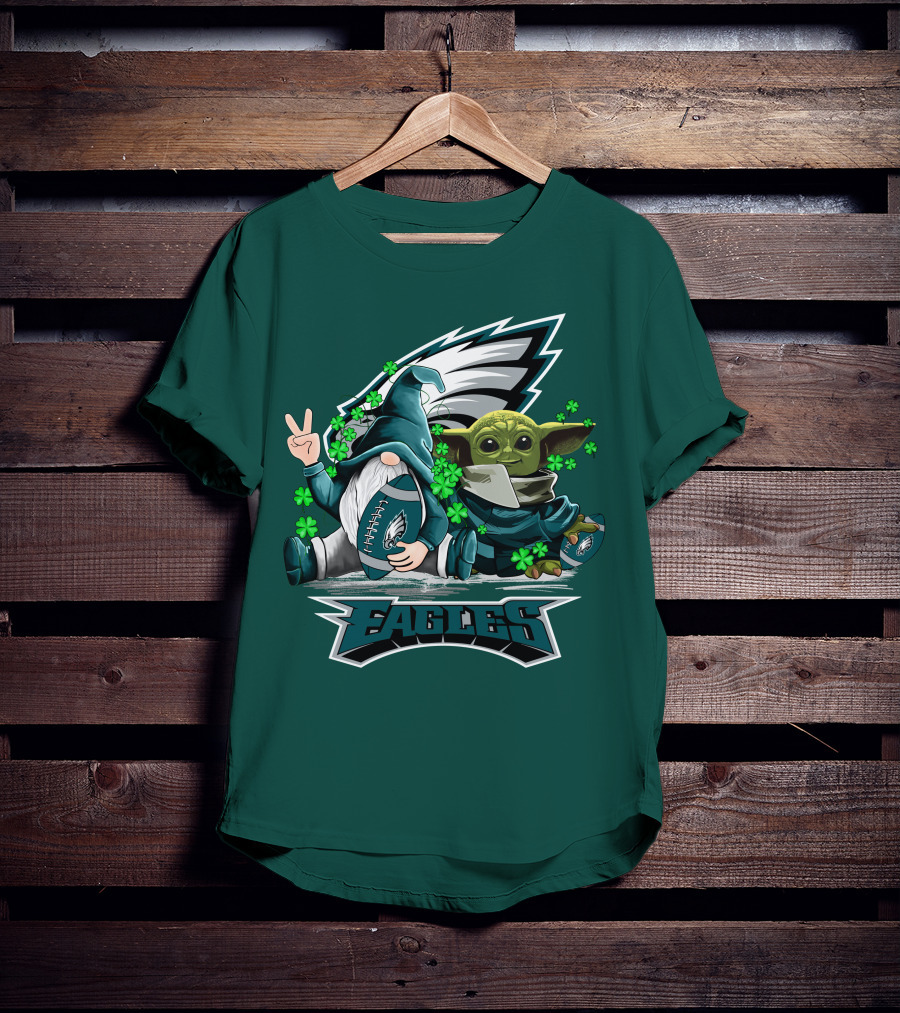 Philadelphia Eagles Leprechauns Gnomes Baby Yoda Hug Football T-Shirt
