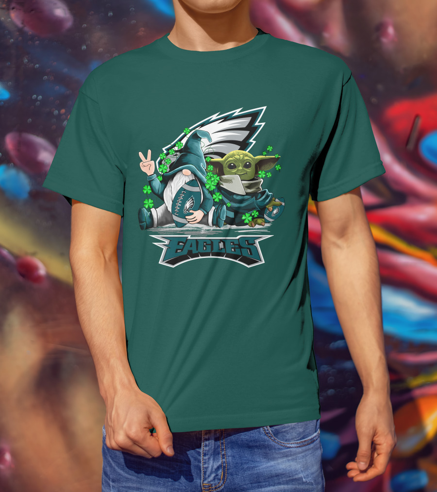 Philadelphia Eagles Leprechauns Gnomes Baby Yoda Hug Football T-Shirt