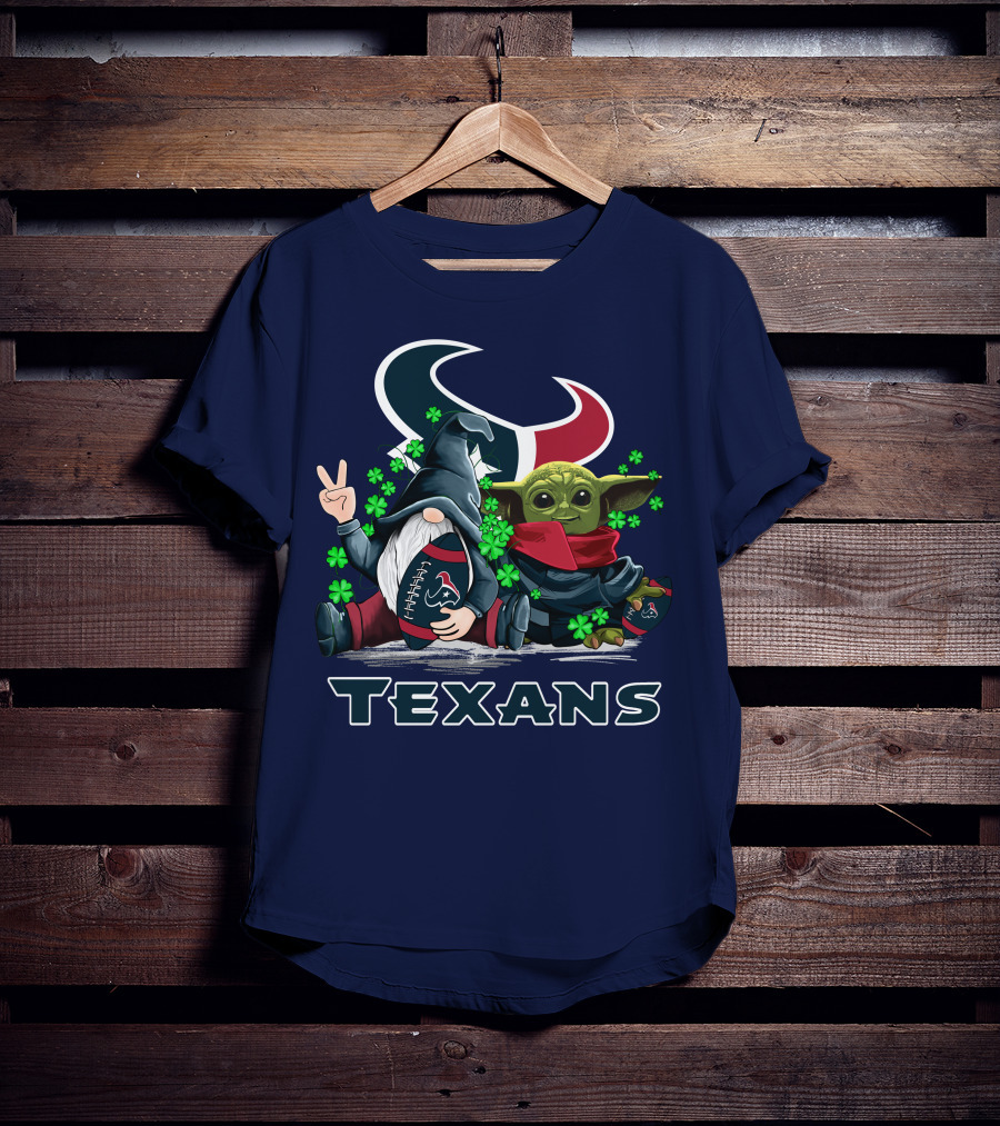 Leprechauns Gnomes Baby Yoda Houston Texans Football Clover T-Shirt