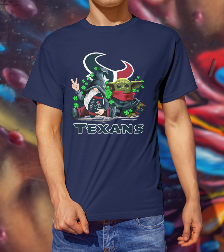 Leprechauns Gnomes Baby Yoda Houston Texans Football Clover T-Shirt