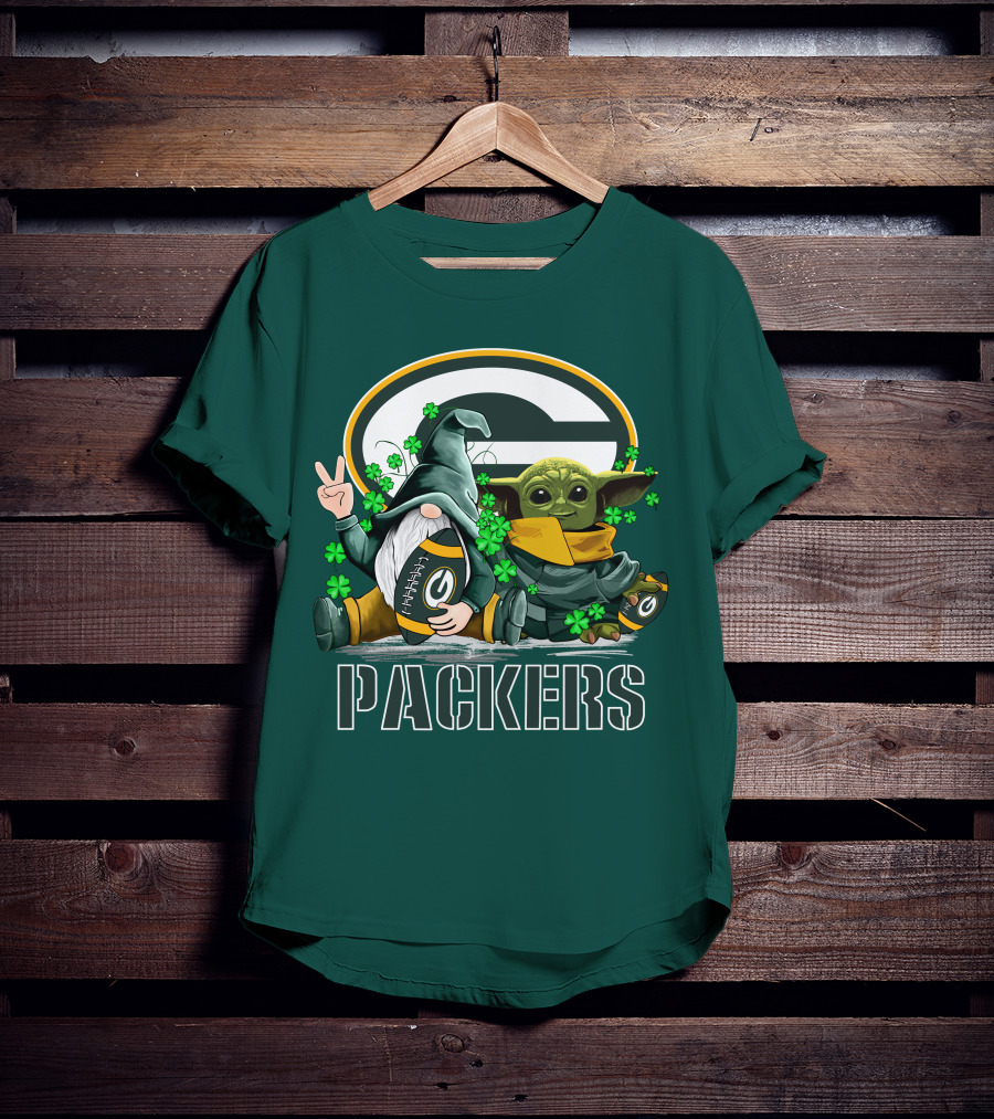 Leprechauns Gnomes Baby Yoda Packers Logo Shamrocks Hug Green Bay T-Shirt