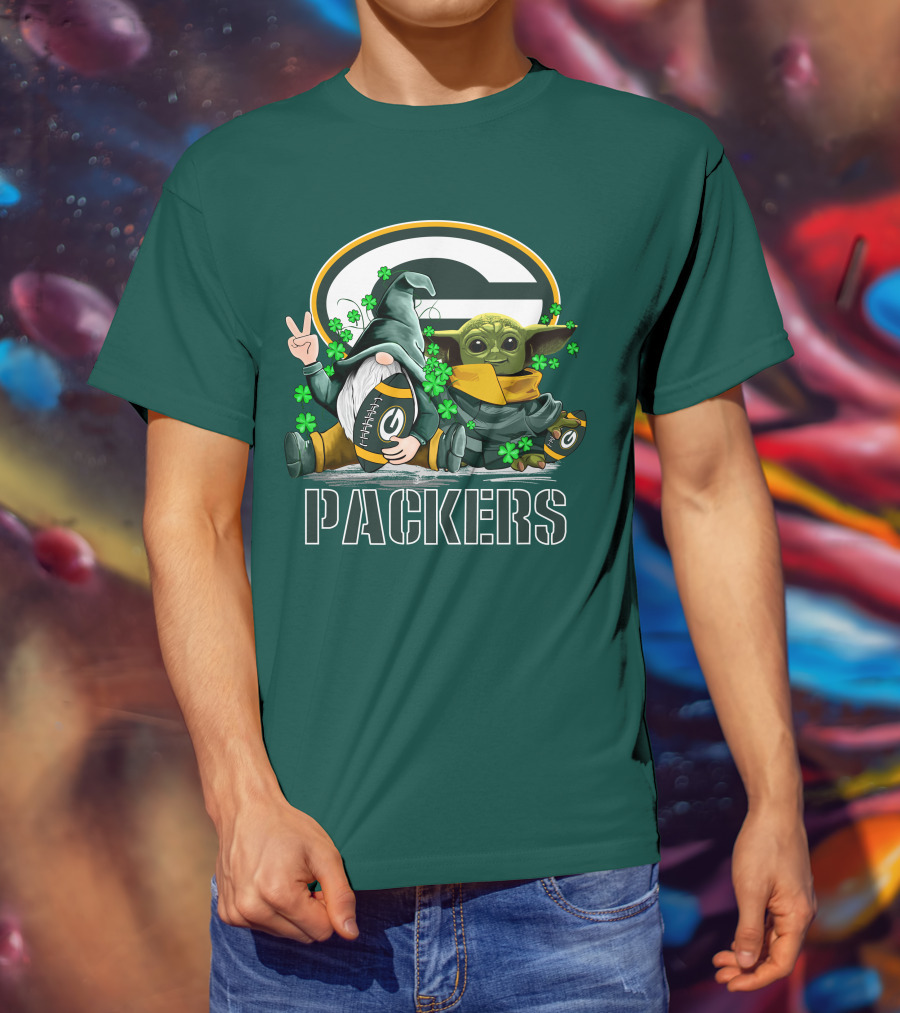 Leprechauns Gnomes Baby Yoda Packers Logo Shamrocks Hug Green Bay T-Shirt