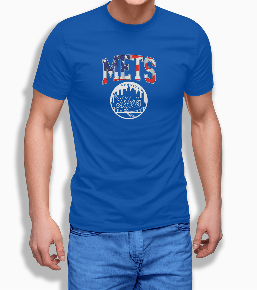 Mets American Flag Skyline Baseball T-Shirt