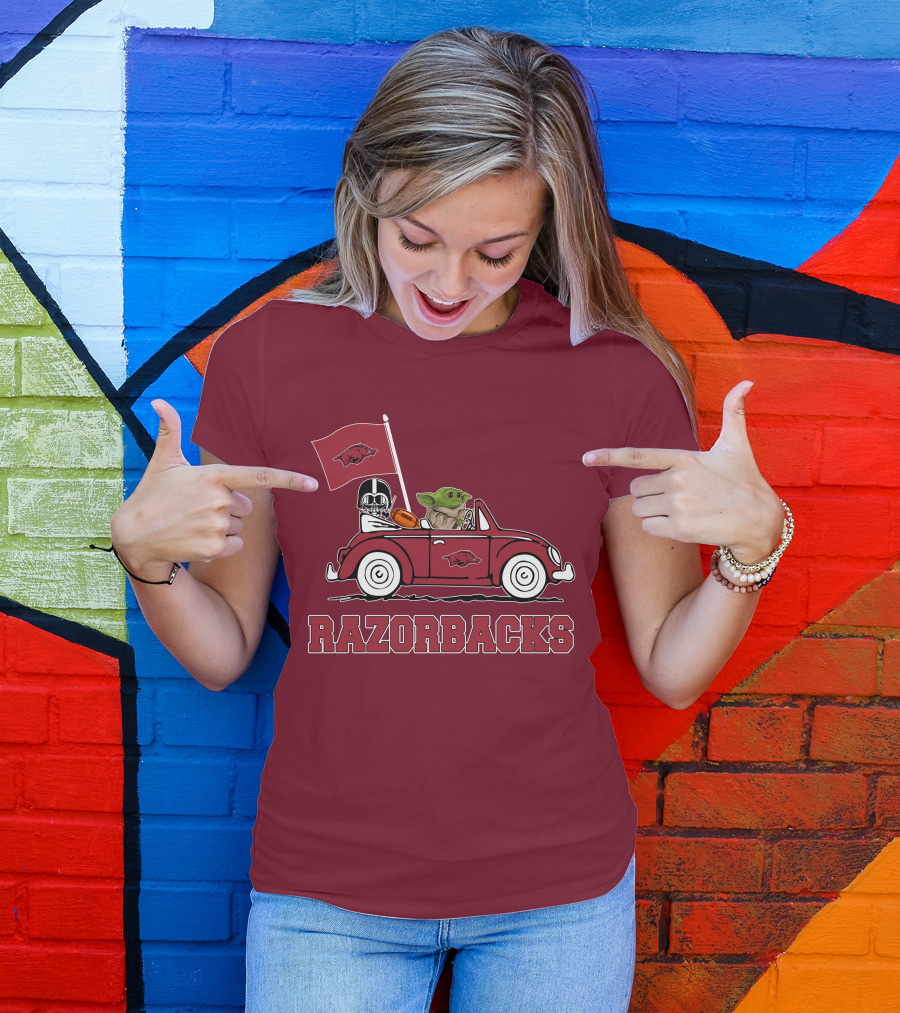 Arkansas Razorbacks Darth Vader Baby Yoda Driving Star Wars Car T-Shirt
