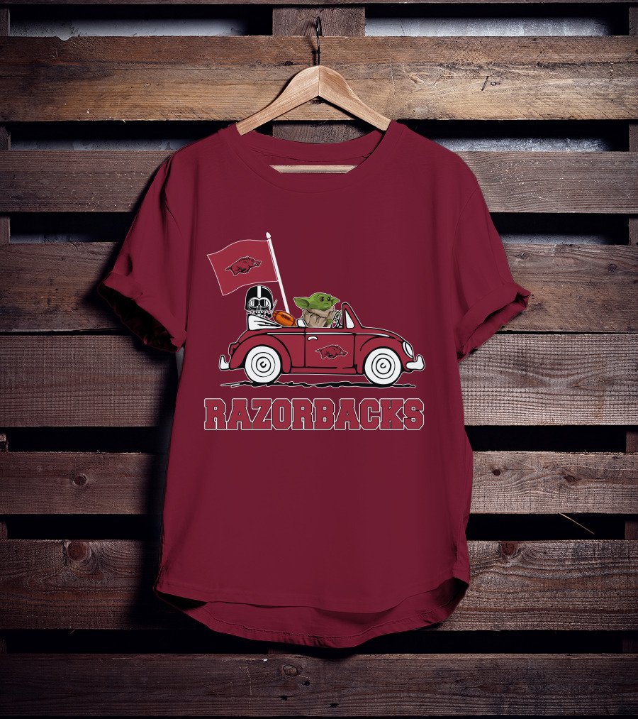 Arkansas Razorbacks Darth Vader Baby Yoda Driving Star Wars Car T-Shirt