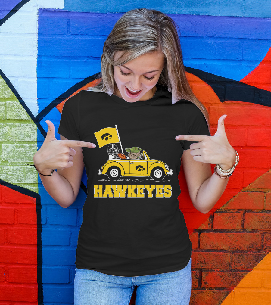 Iowa Hawkeyes Darth Vader Baby Yoda Driving Yellow Car Star Wars T-Shirt