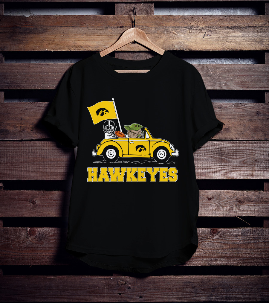 Iowa Hawkeyes Darth Vader Baby Yoda Driving Yellow Car Star Wars T-Shirt