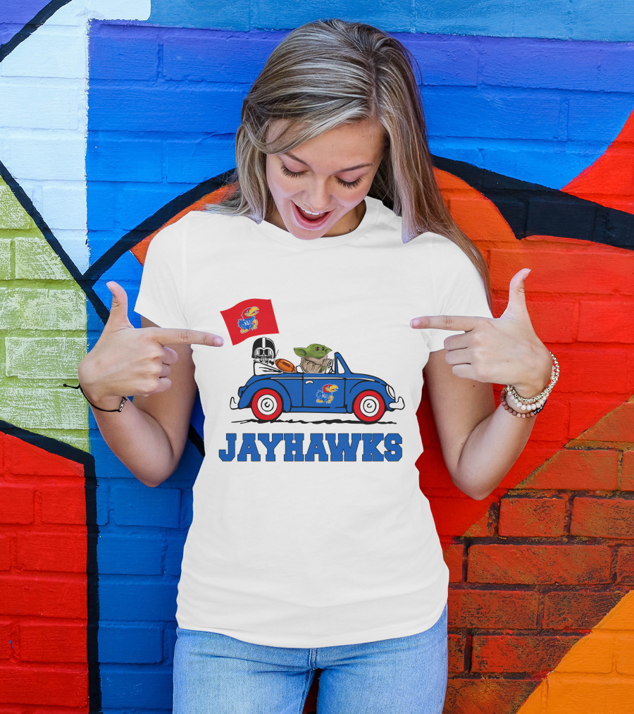 Kansas Jayhawks Darth Vader Baby Yoda Driving With Flag Star Wars Football T-Shirt