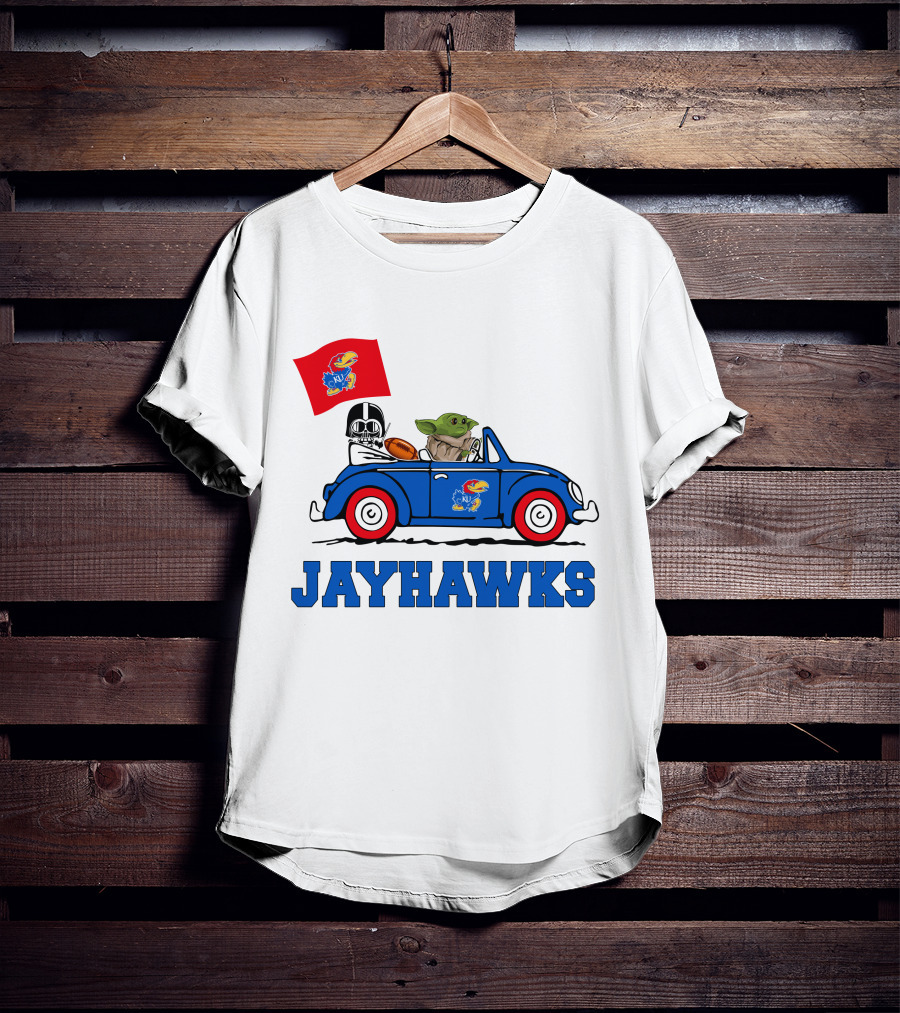Kansas Jayhawks Darth Vader Baby Yoda Driving With Flag Star Wars Football T-Shirt