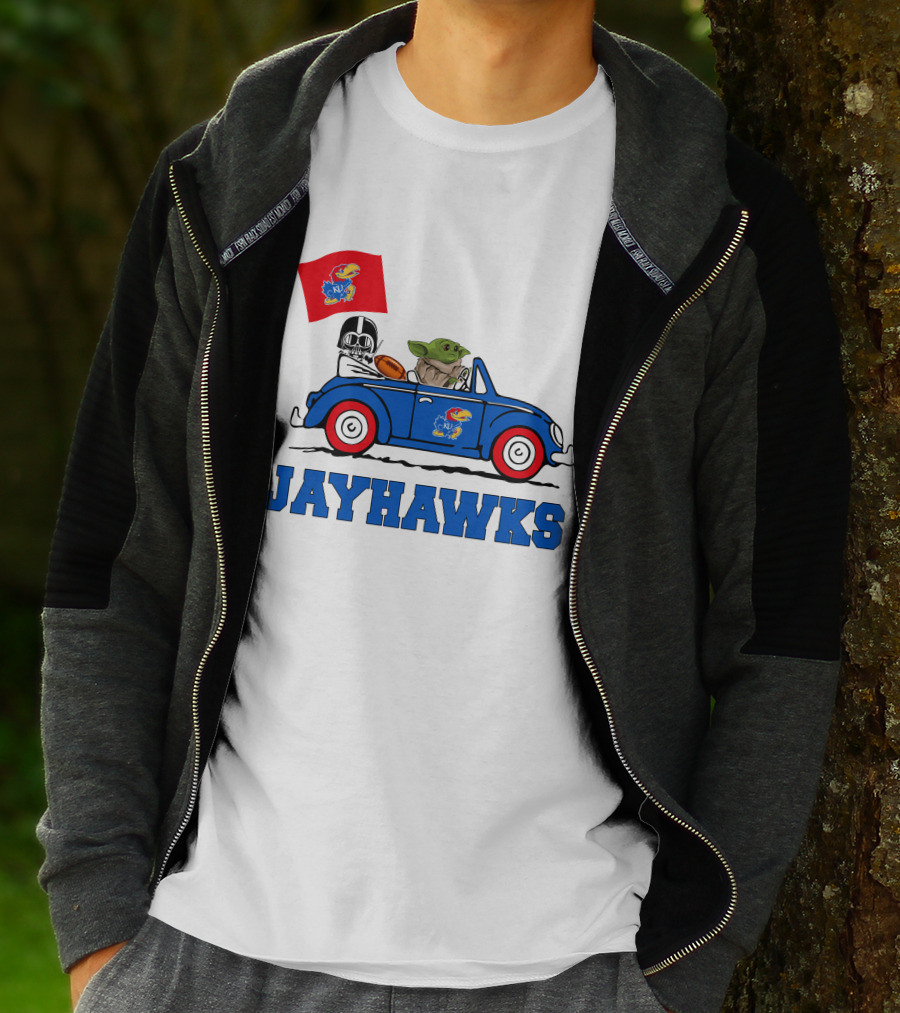 Kansas Jayhawks Darth Vader Baby Yoda Driving With Flag Star Wars Football T-Shirt