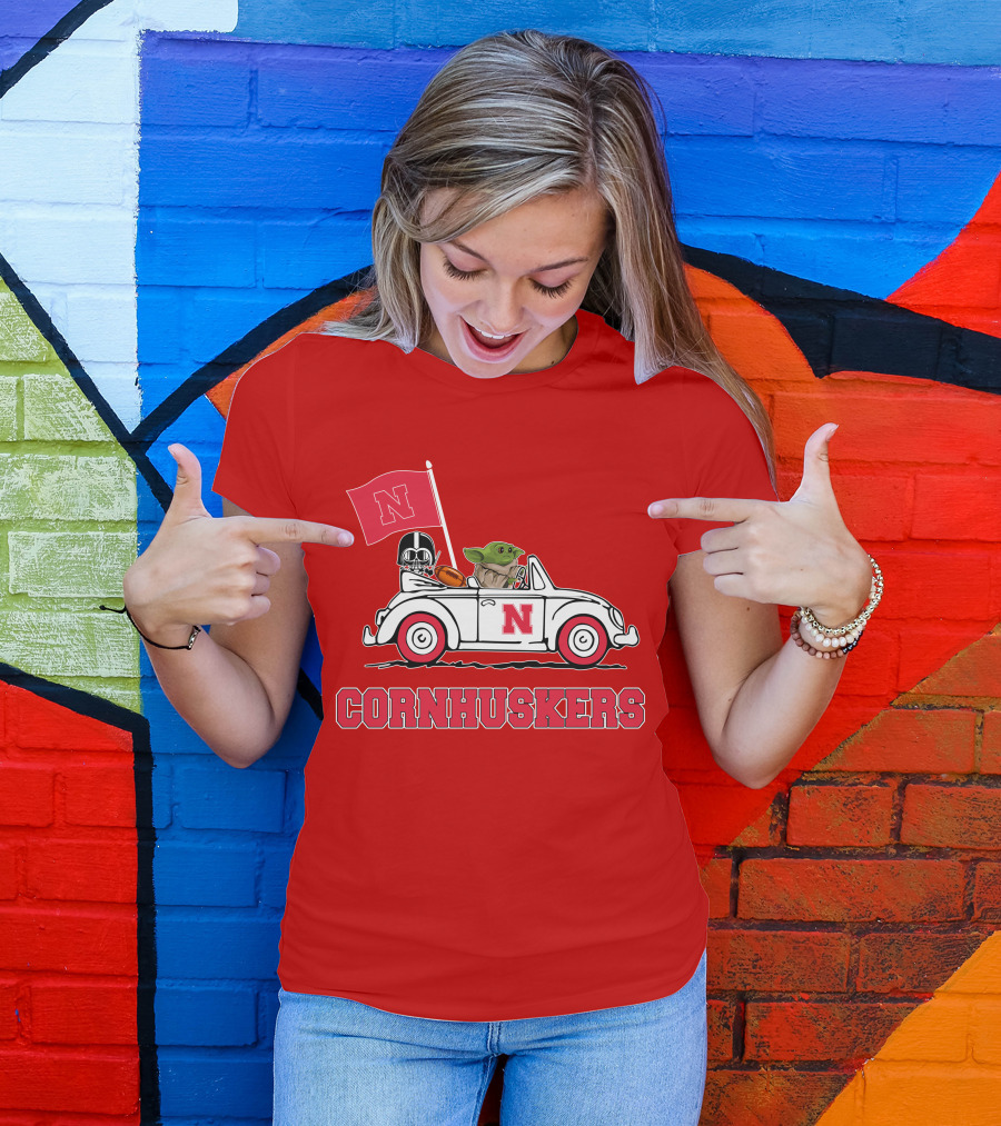 Cornhuskers Darth Vader Baby Yoda Driving Nebraska Car Star Wars T-Shirt