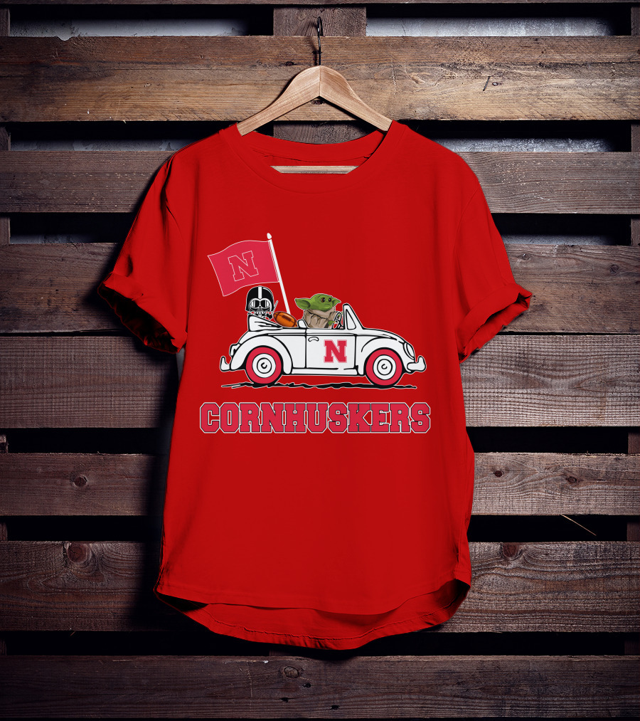 Cornhuskers Darth Vader Baby Yoda Driving Nebraska Car Star Wars T-Shirt
