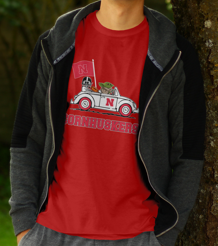 Cornhuskers Darth Vader Baby Yoda Driving Nebraska Car Star Wars T-Shirt