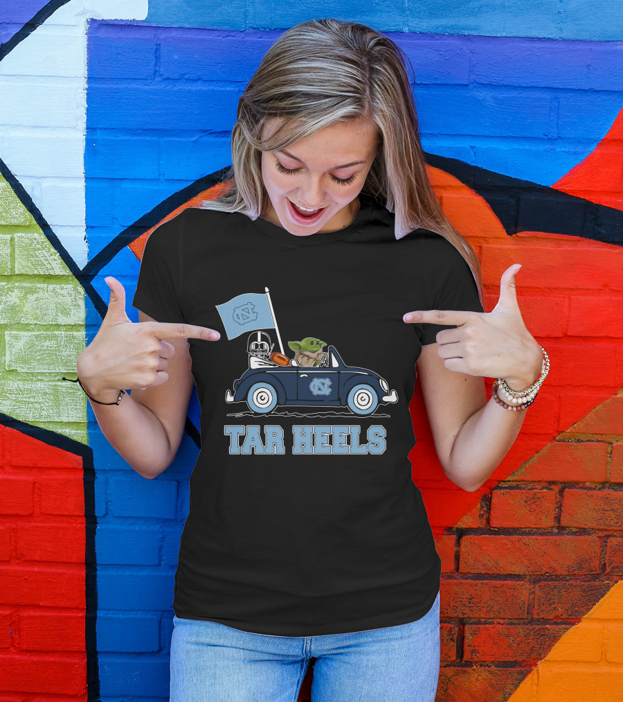 North Carolina Tar Heels Darth Vader Baby Yoda Driving Car Star Wars T-Shirt