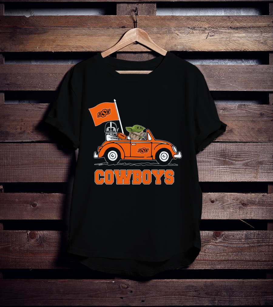 Oklahoma State Cowboys Darth Vader Baby Yoda Driving OsU Flag T-Shirt