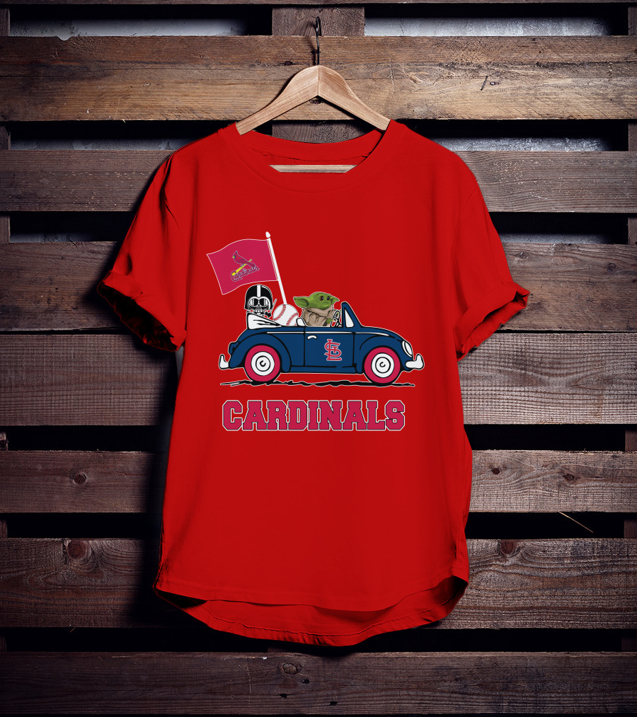 St Louis Cardinals Darth Vader Baby Yoda Driving Car Star Wars Baseball T-Shirt