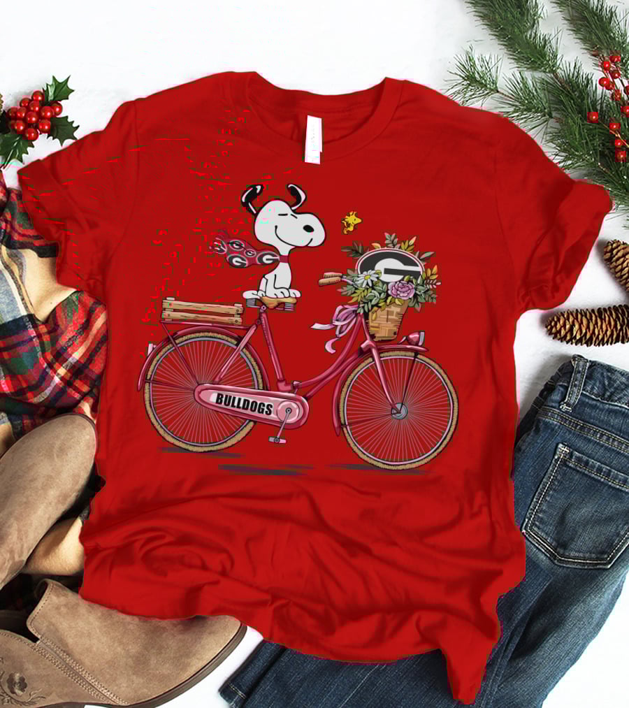 Georgia Bulldogs Snoopy Riding Bike With Flowers T-Shirt