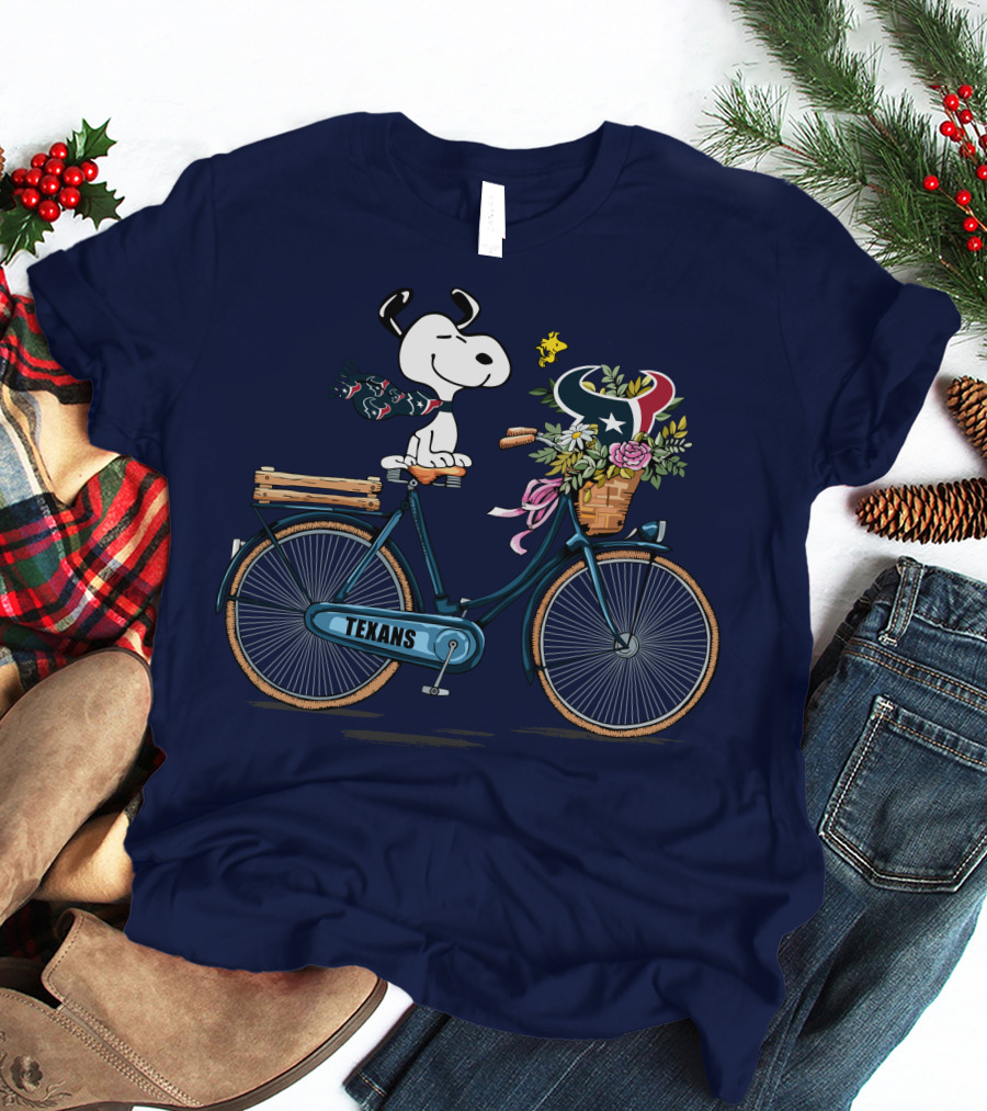 Texans Snoopy Bike Ride With Houston Logo And Flowers T-Shirt