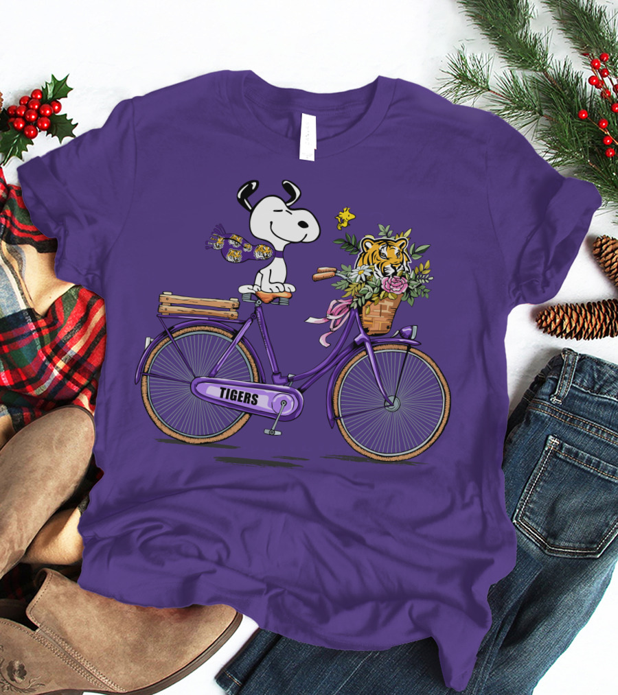 Snoopy Riding Purple Bicycle With LSU Tigers Bouquet T-Shirt