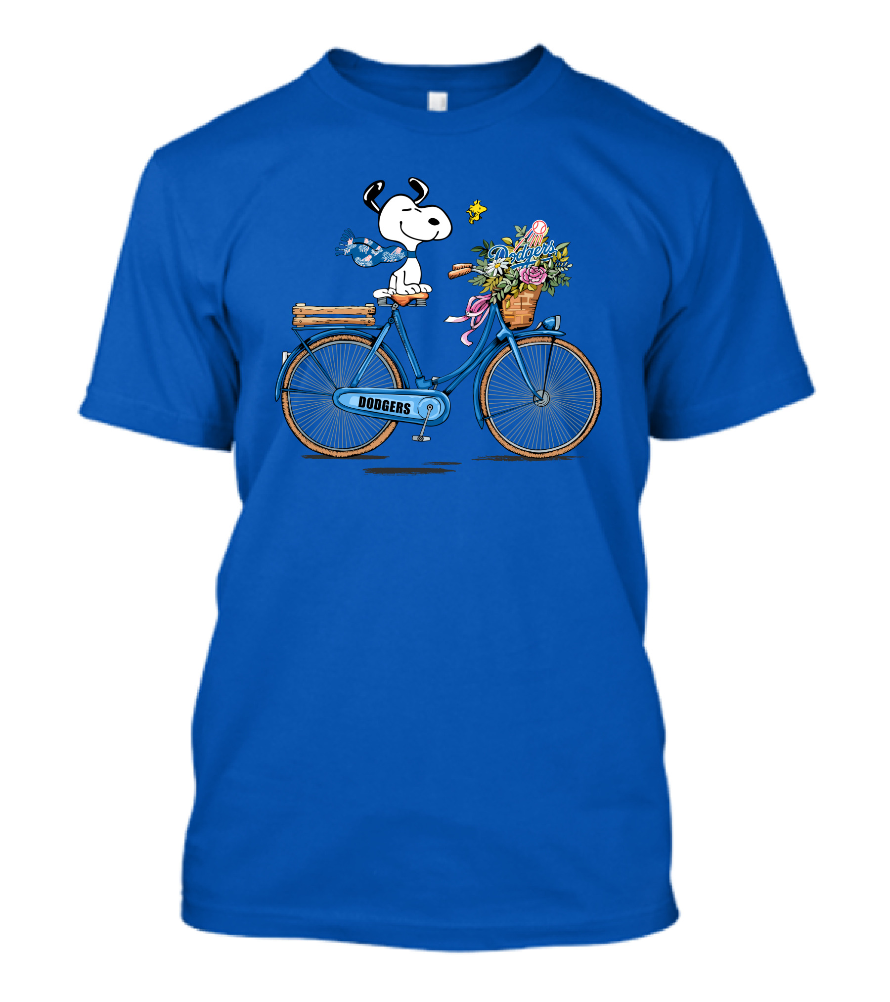 Los Angeles Dodgers Snoopy Riding Bicycle With Woodstock And Flowers T-Shirt