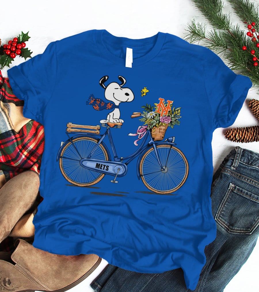 New York Mets Snoopy Bicycle Adventure With Baseball And Woodstock T-Shirt