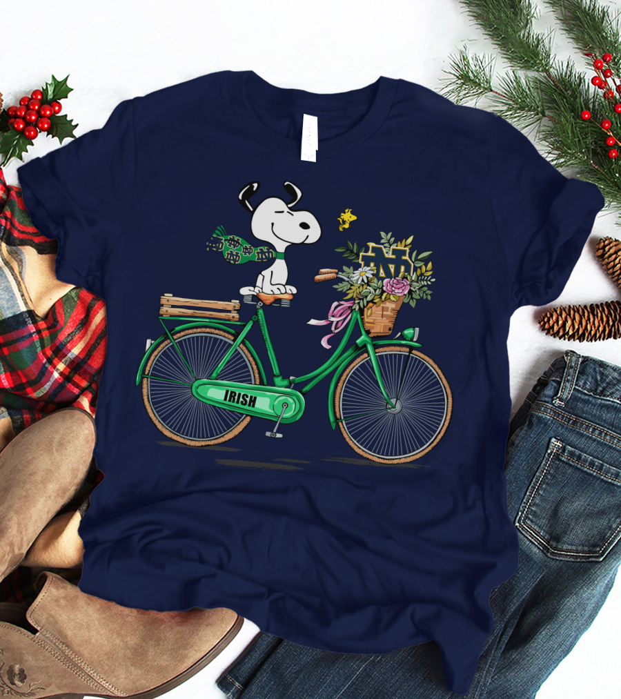 Notre Dame Fighting Irish Snoopy On Bicycle With Flowers And Woodstock T-Shirt