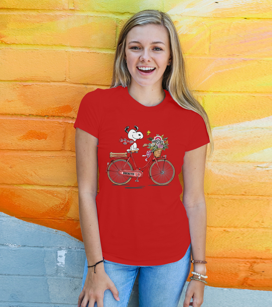 Ohio State Buckeyes Snoopy On Bicycle With Woodstock And Flowers T-Shirt