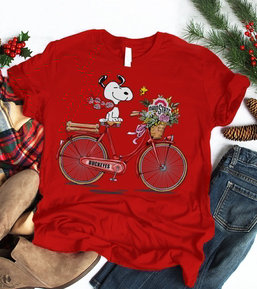 Ohio State Buckeyes Snoopy On Bicycle With Woodstock And Flowers T-Shirt