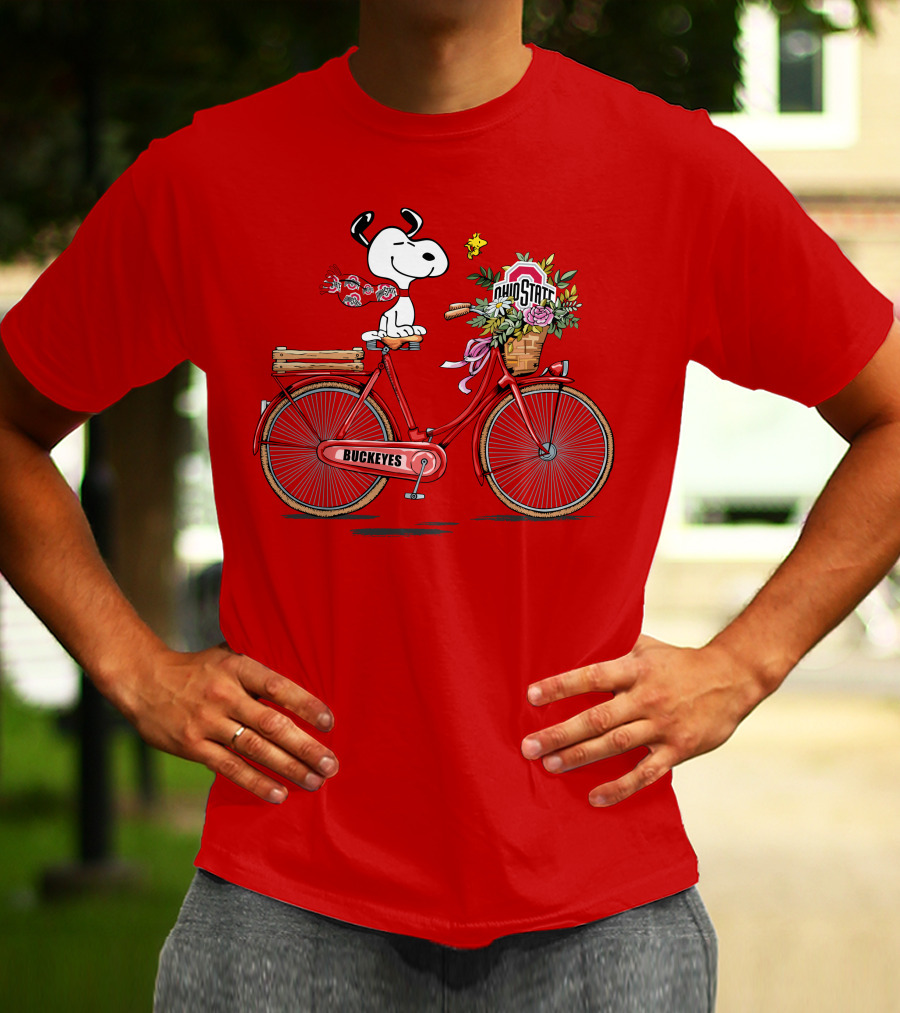 Ohio State Buckeyes Snoopy On Bicycle With Woodstock And Flowers T-Shirt
