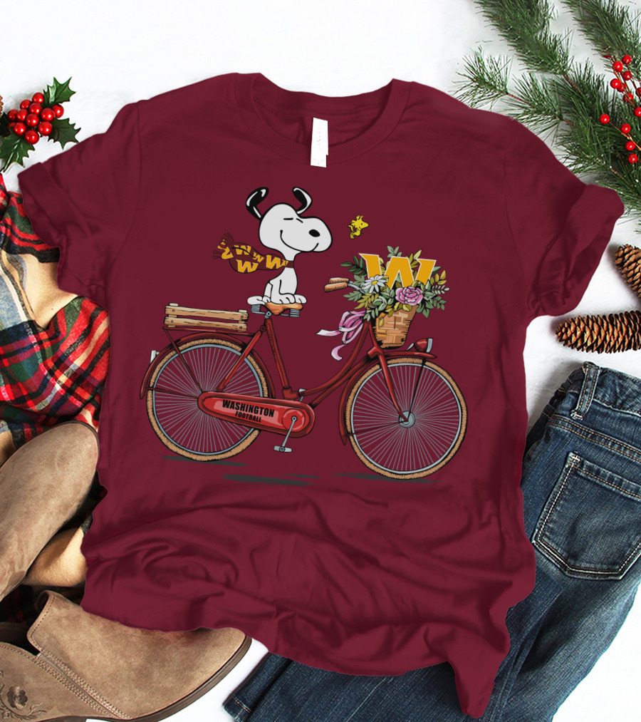 Washington Football Team Snoopy With Bicycle And Flowers T-Shirt