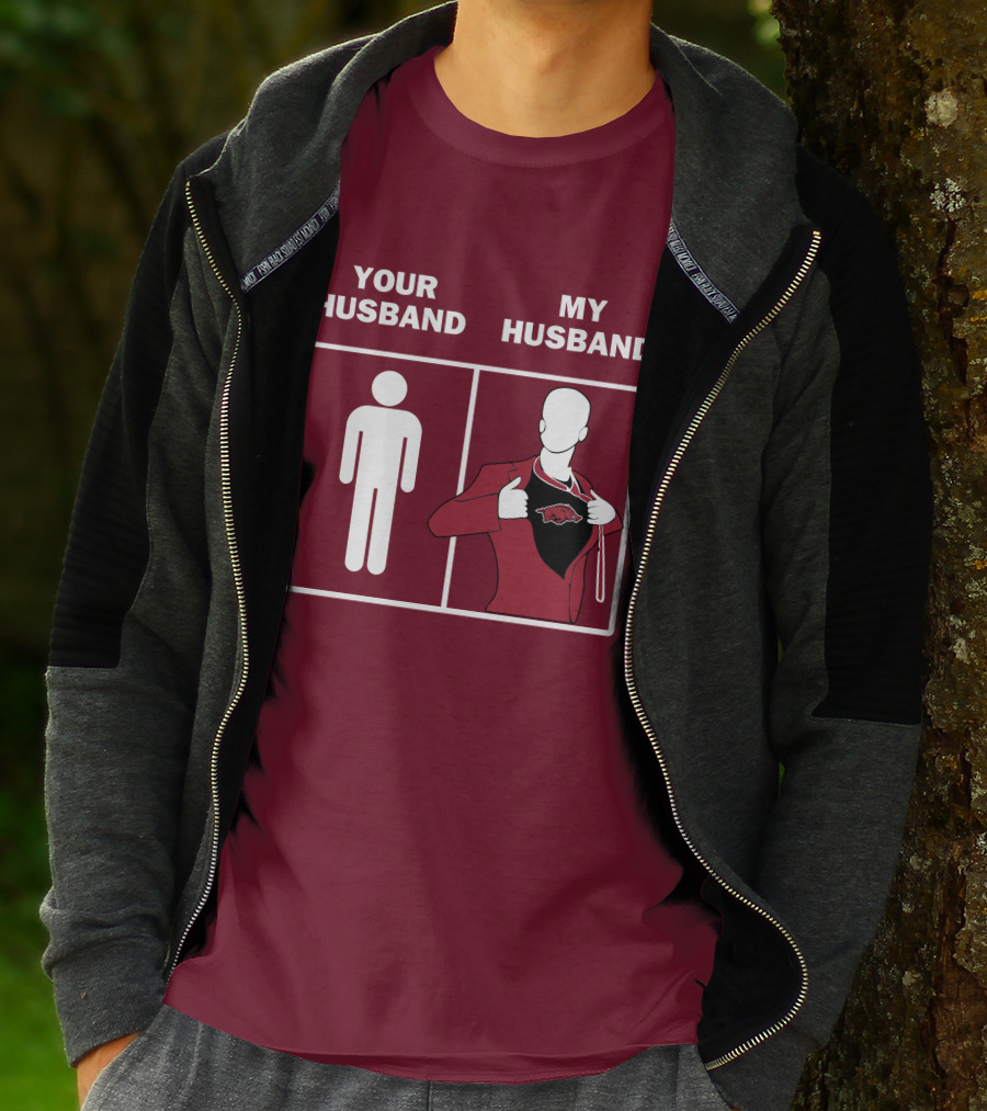 Arkansas Razorbacks Your Husband My Husband Superhero Fan Comparison T-Shirt