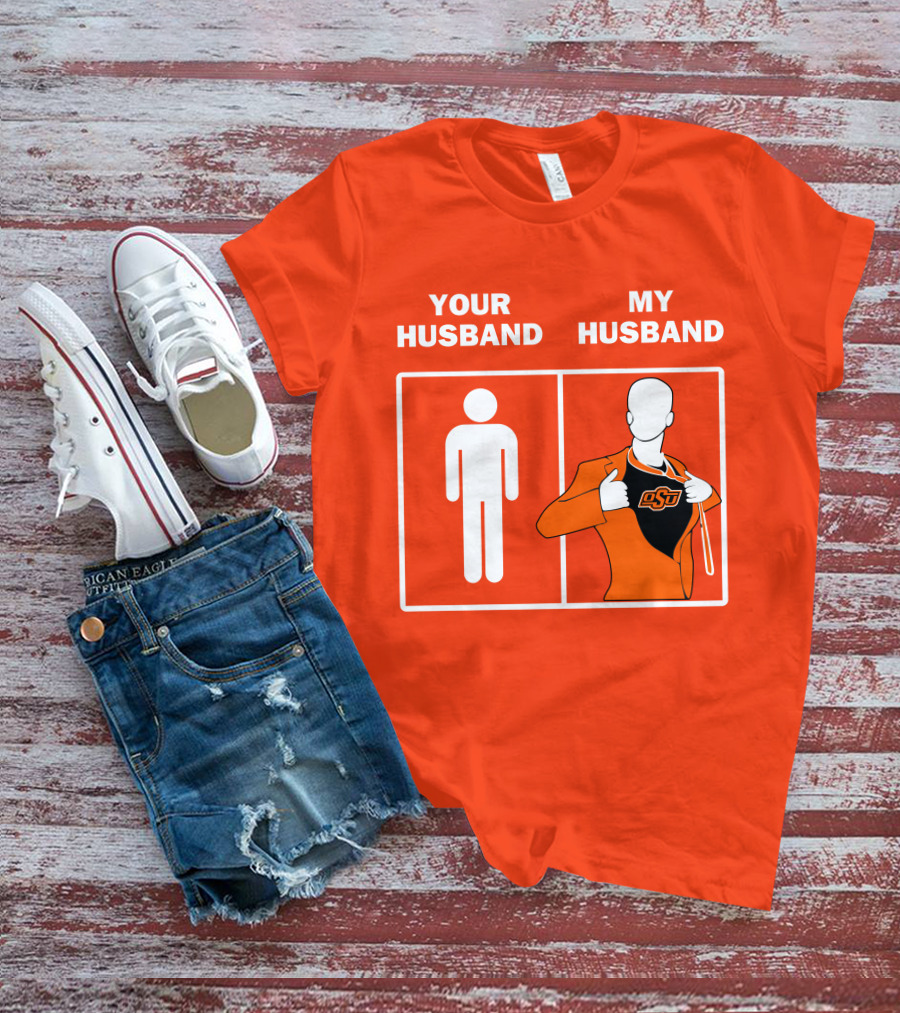 Oklahoma State Cowboys Your Husband My Husband OSU Logo Superhero Orange Suit T-Shirt